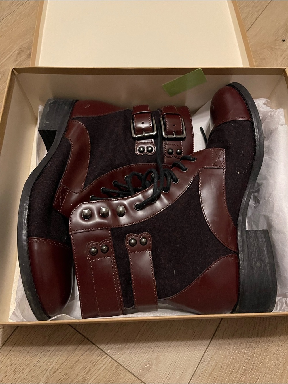 Nina Shoes Burgundy and Black Lace-Up Buckle Combat Boots